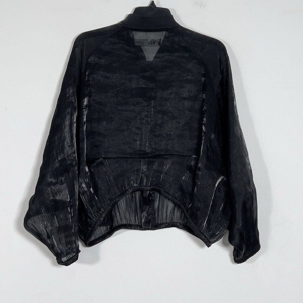 Zara Blouson Bomber Jacket Womens Sz L Black Mesh Sheer Long Sleeve Full Zip - Picture 4 of 8